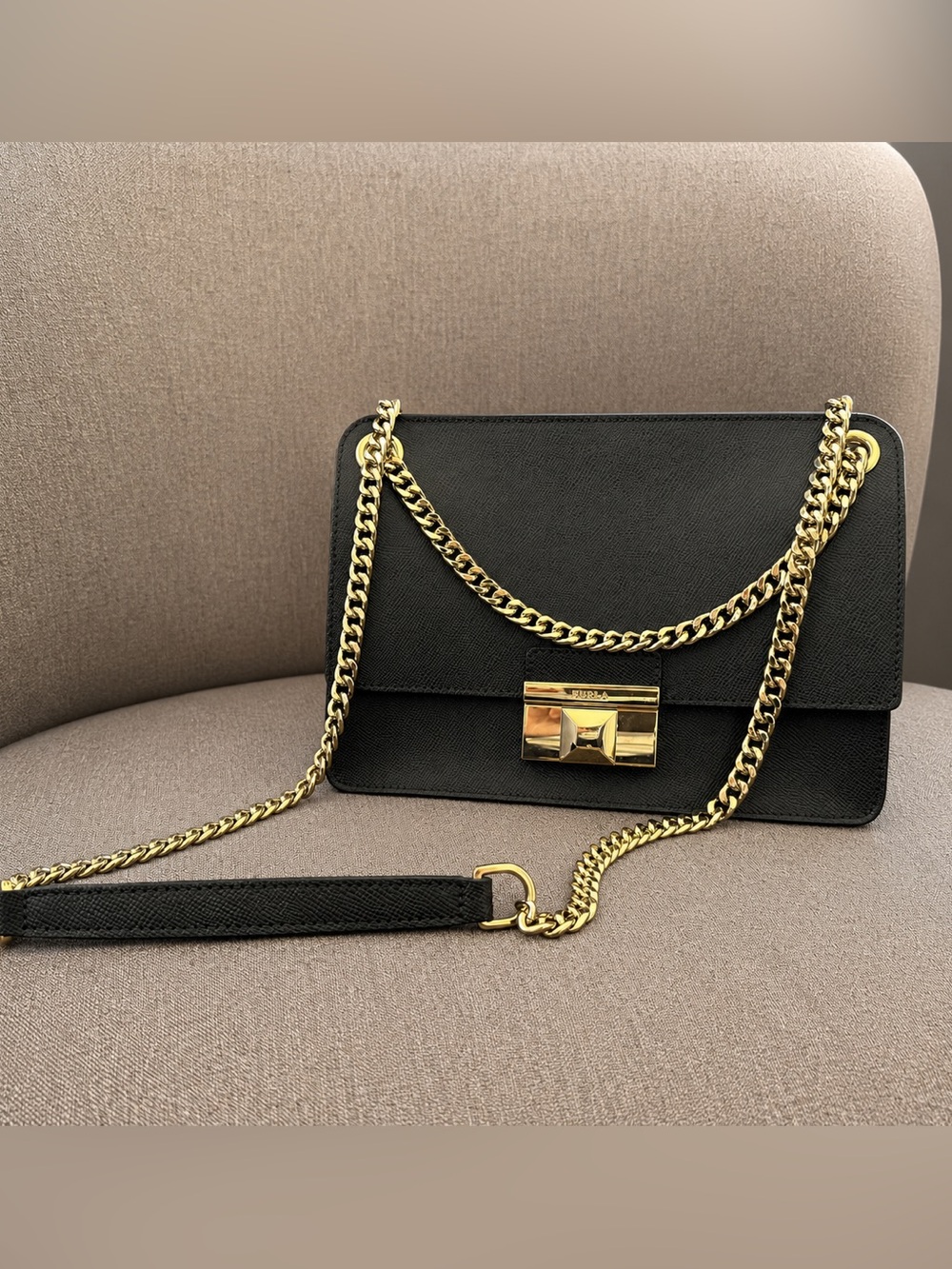 Furla Black Genuine Leather Chain Shoulder Crossbody Bag Gold Hardware
